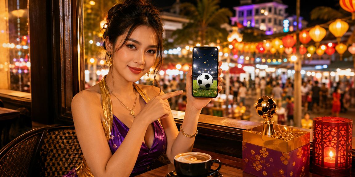 Người dùng tại Phú Quốc xem kèo bóng đá trên điện thoại bên ly cà phê sáng